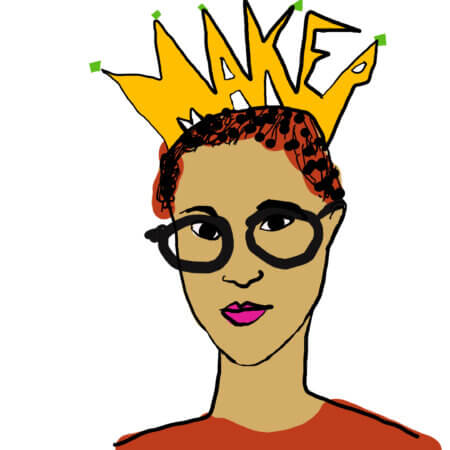 The illustration depicts a woman with glasses wearing a crown. The crown spells the word 'Maker'