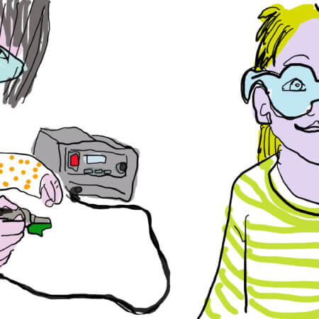 The image depicts an illustration of two children wearing safety glasses. One of the children is using a soldering iron.